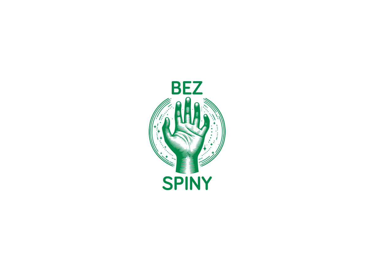 Logo gabinetu masażu i fizjoterapii Bez Spiny. Zielony rysunek otwartej dłoni uniesionej do góry, otoczonej okręgiem z drobnymi liniami i gwiazdkami. Nad dłonią znajduje się napis „BEZ”, a pod dłonią napis „SPINY”.