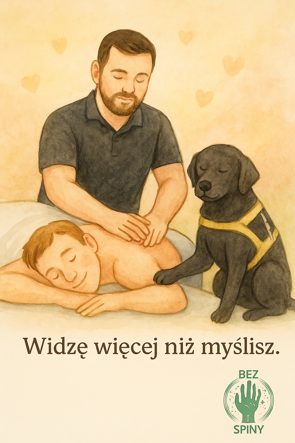 Ilustracja artystyczna przedstawiająca niewidomego fizjoterapeutę Bartosza Radomskiego, który delikatnie masuje plecy pacjenta. Obok Bartosza siedzi czarny pies przewodnik Robi, pies przewodnik Bartosza, dotykając łapą ramienia masowanego. Na grafice widnieje tekst: 'Widzę więcej niż myślisz.'.